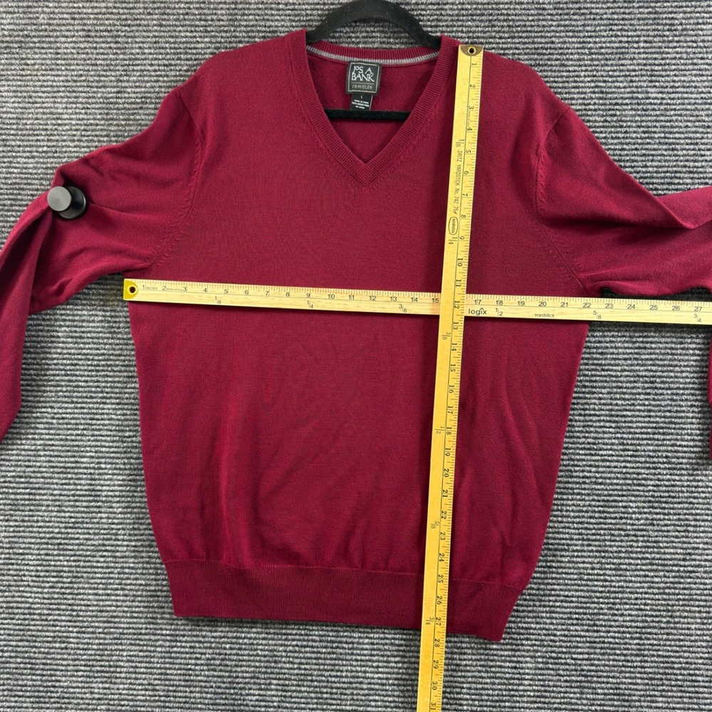 Jos A Bank V-Neck Sweater Large Burgandy 100% Merino Wool Traveler Pullover Red - Picture 6 of 7